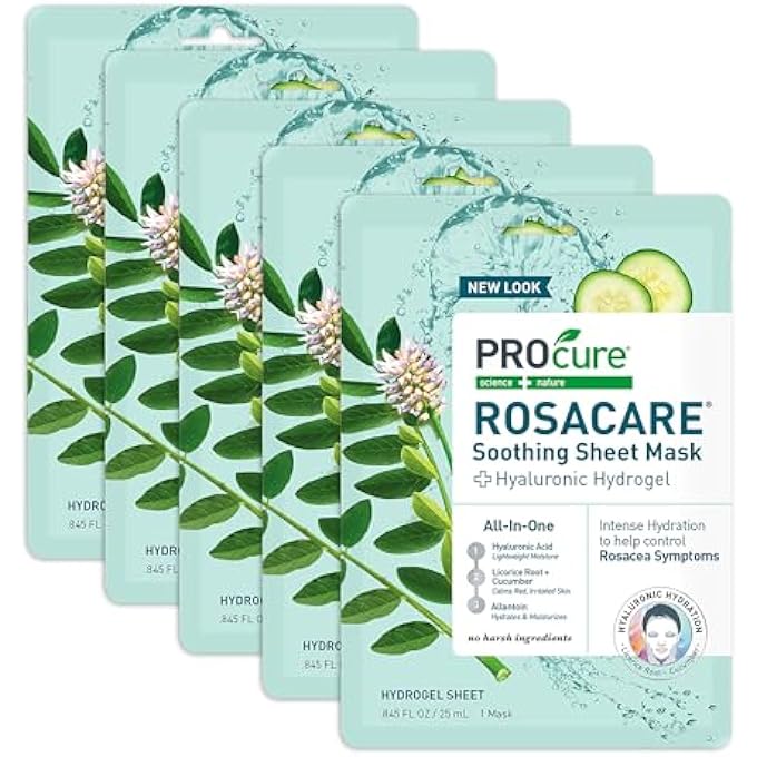PROcure ROSACARE SOOTHING SHEET FACE MASK WITH HYALURONIC HYDROGEL FOR ROSACEA SYMPTOMS, 5 MASKS - Image 1
